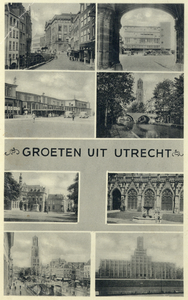 602768 Collage van gezichten te Utrecht:- Vismarkt- Stationspostkantoor- Centraal Station- Oudegracht bij de ...